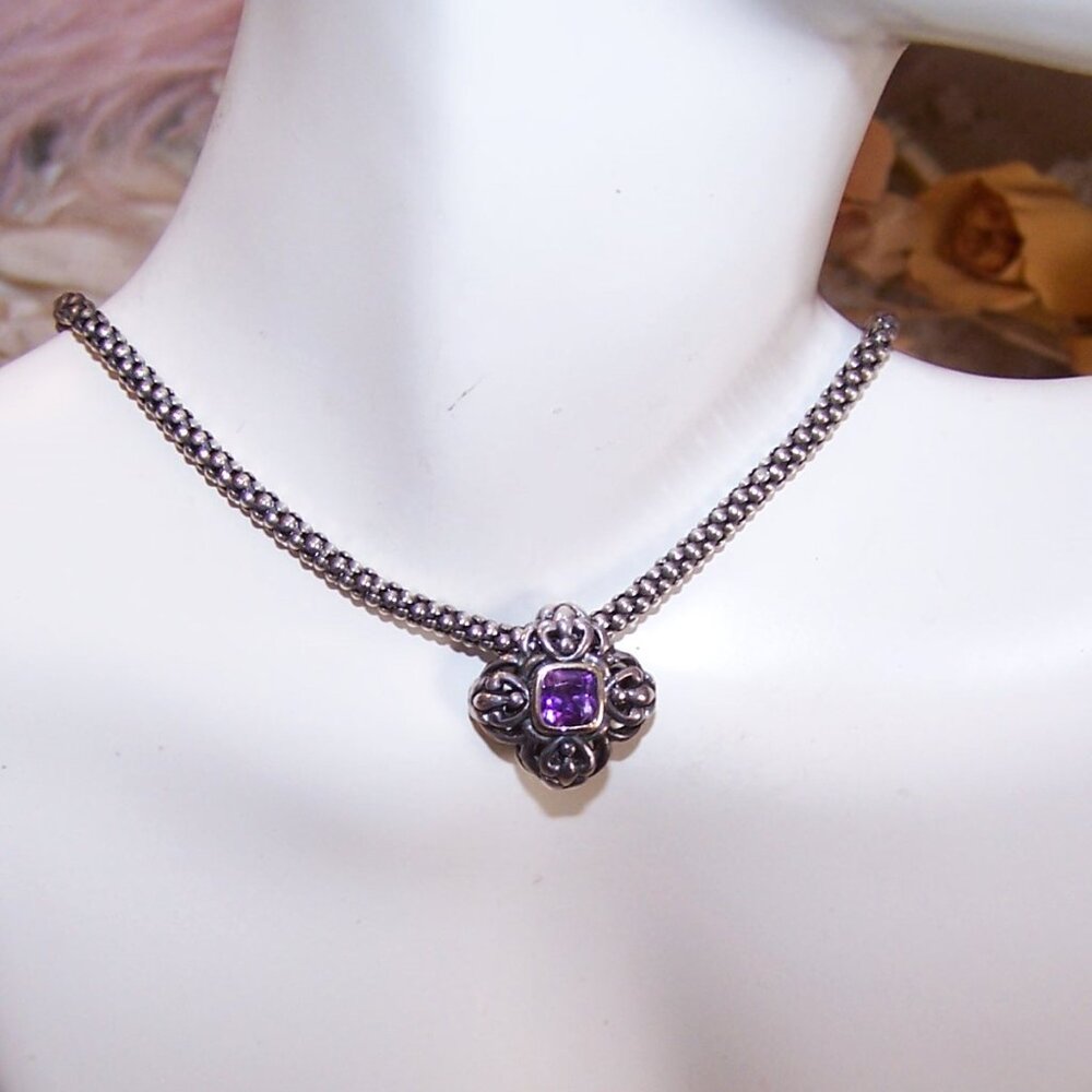 Sterling Silver Amethyst Sliding Pendant on 17.5" Popcorn Chain Necklace